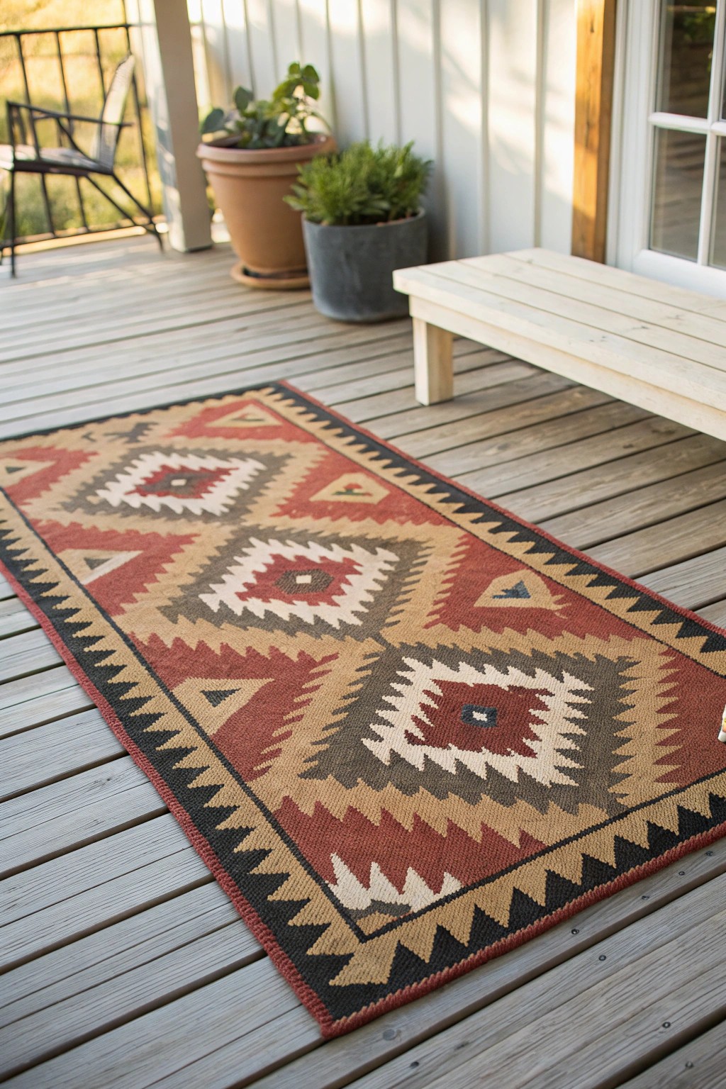 Welcome guests in style with a standout outdoor rug that elevates your porch’s charm.