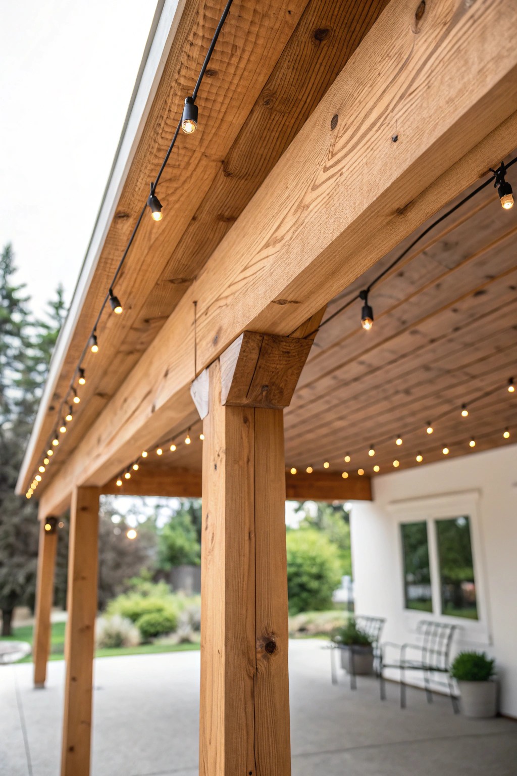 Elevate your patio with the timeless charm of handcrafted wooden ceiling beams.