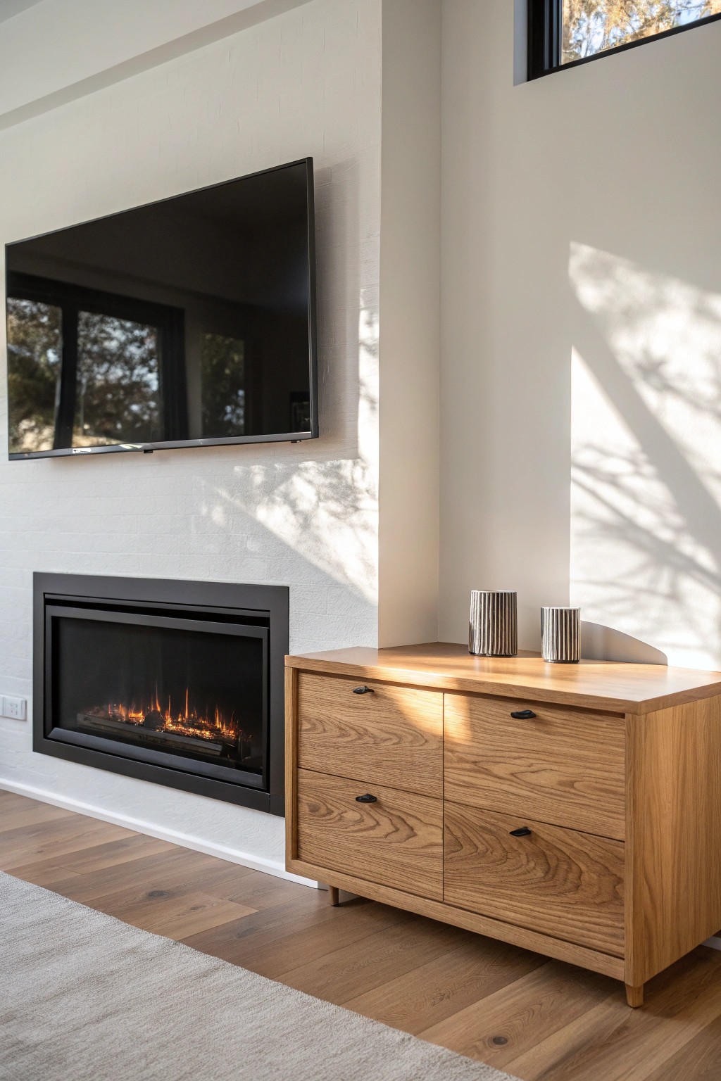 Sleek fireplace wall with hidden storage—where style meets smart organization.