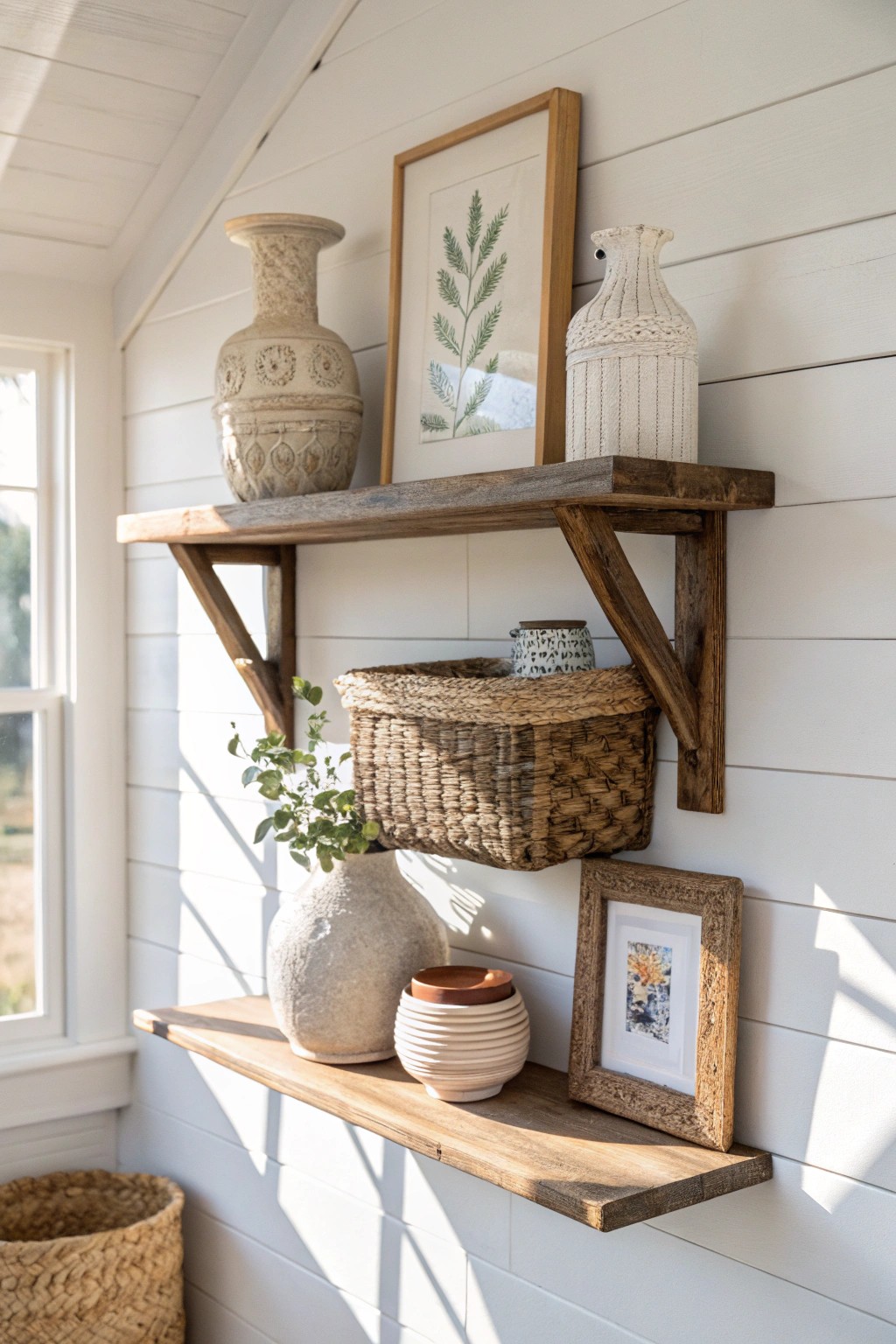 Showcase your favorite finds on a charming open farmhouse shelf.