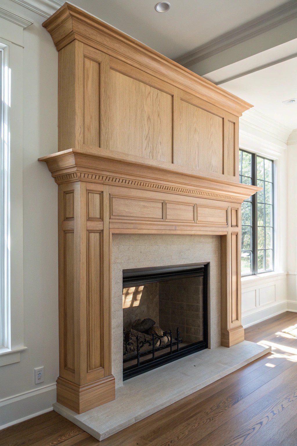 Elevate your space with a gracefully layered fireplace surround—where natural beauty meets timeless design.