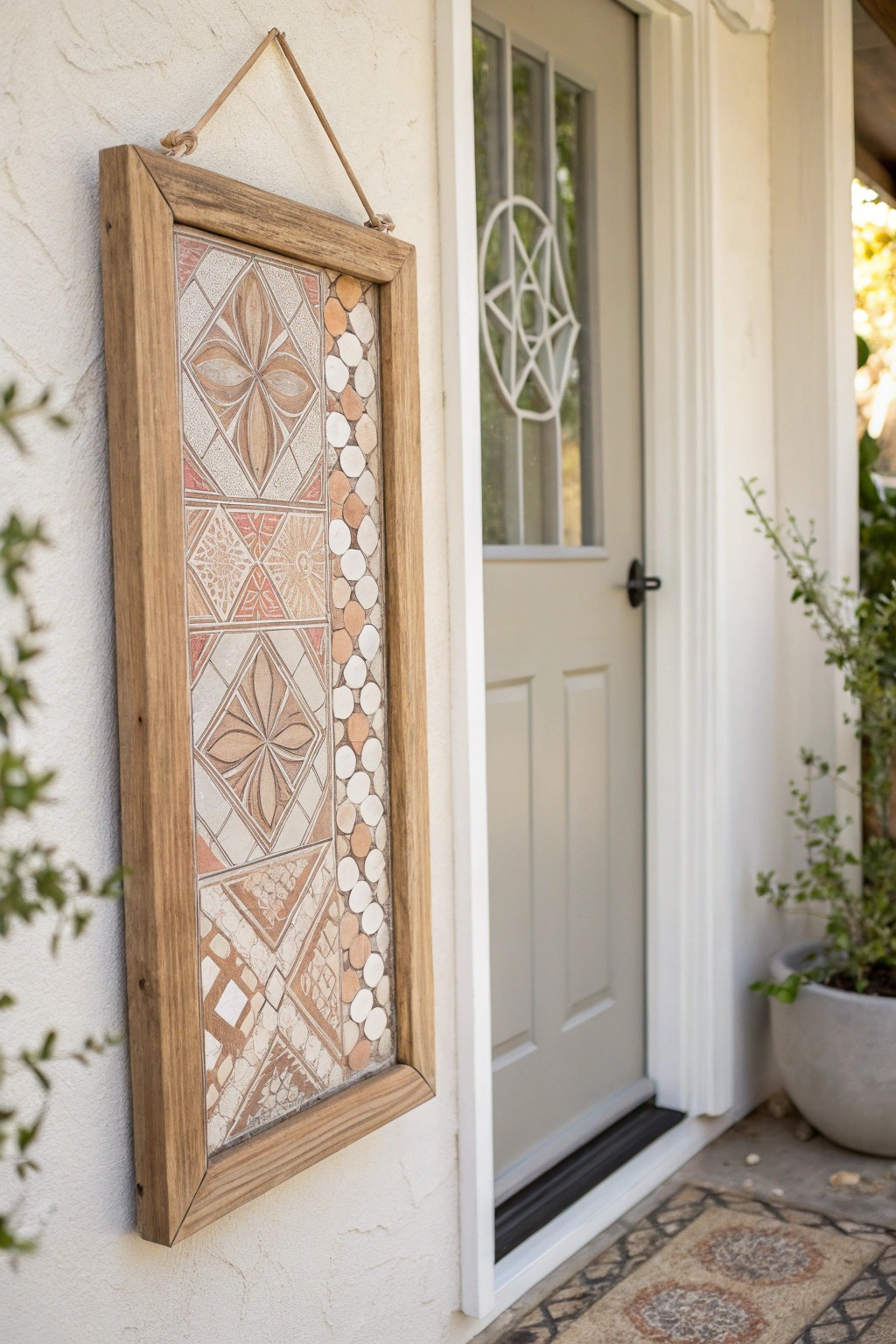 A handcrafted mosaic panel brings artistic charm to any front door.