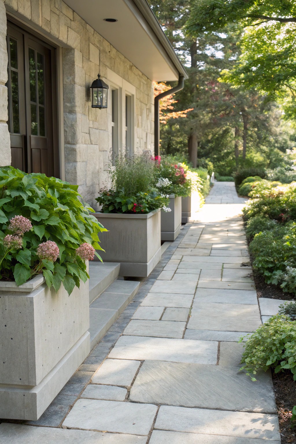 Seamless stone walkway with built-in planters—where simplicity meets blooming beauty.