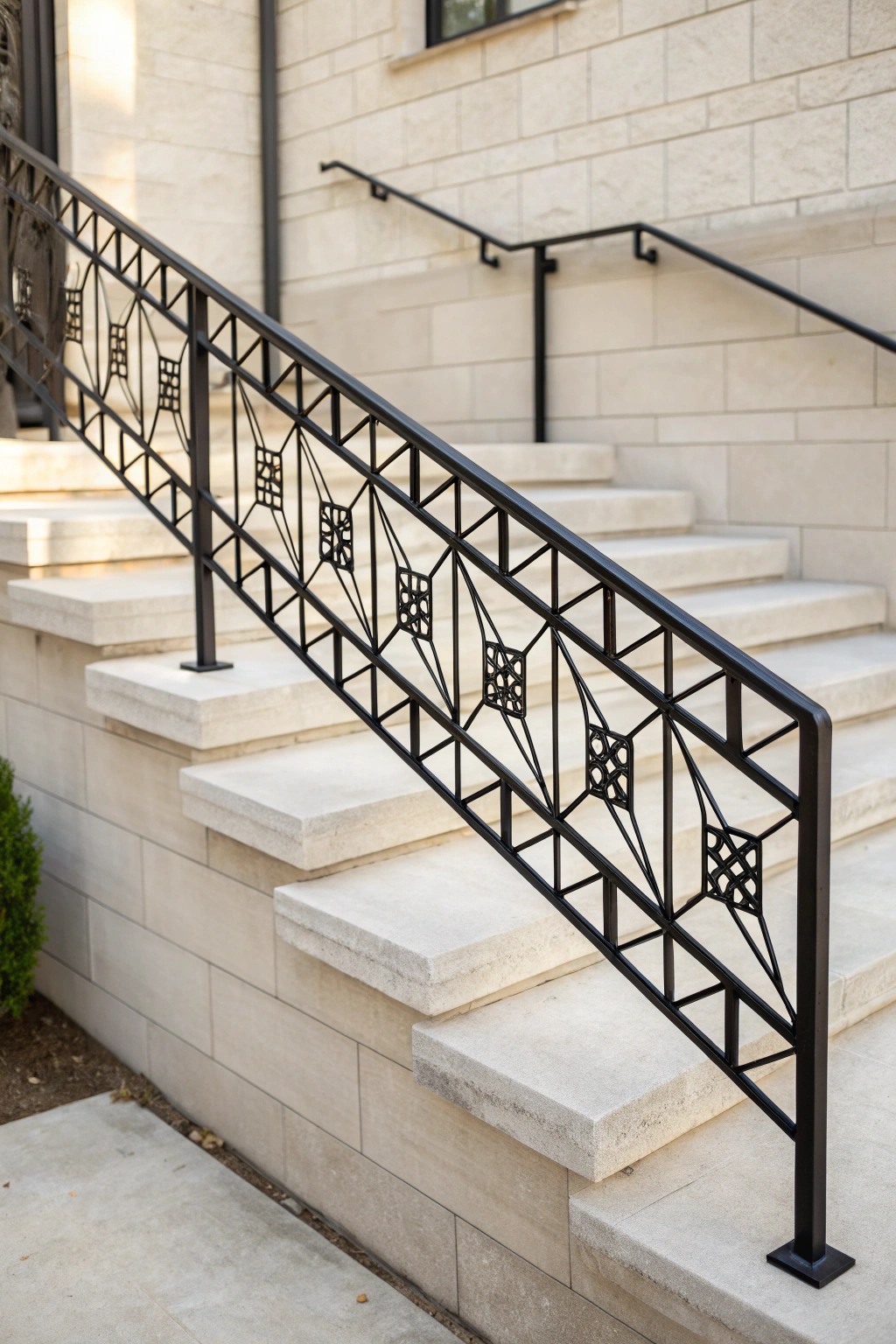 Elevate your entryway with handcrafted geometric railings—where modern design meets timeless craftsmanship.