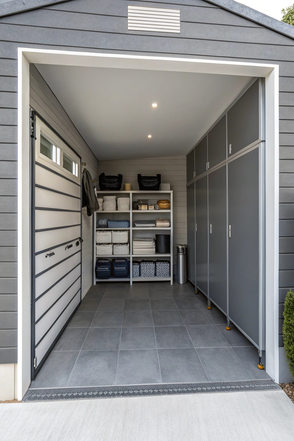 Monochrome schemes keep the garage feeling organized and tranquil.