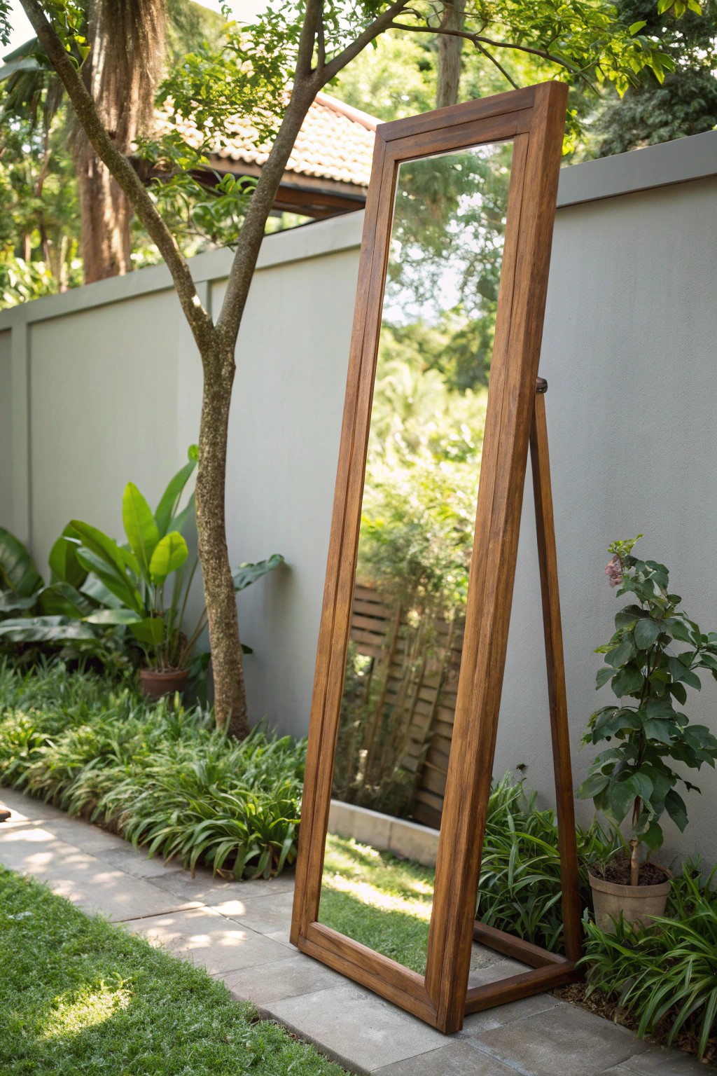 Enchant your garden with the magic of a single, beautifully framed mirror.