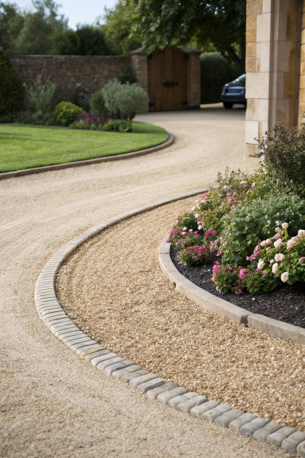 A stunning circular gravel driveway with a central bloom—where elegance meets natural beauty.