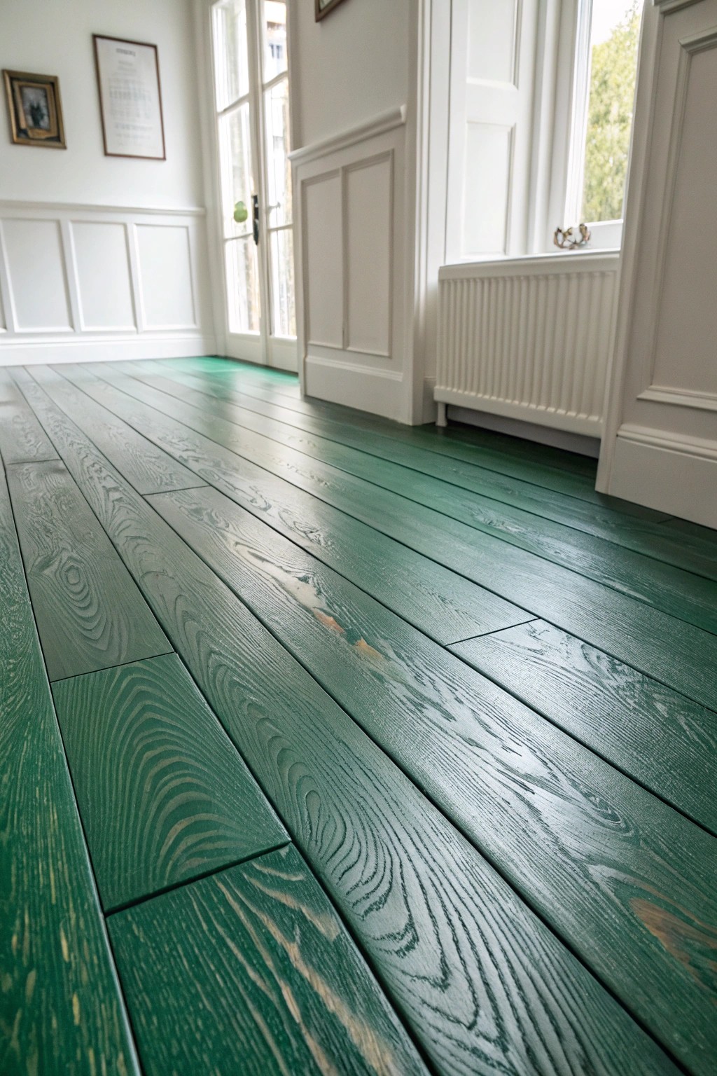 Elevate your space with the unexpected beauty of green painted floorboards.