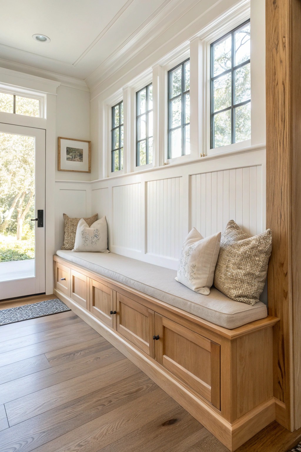 Effortless charm: half wall paneling meets built-in bench for a cozy, clutter-free nook.