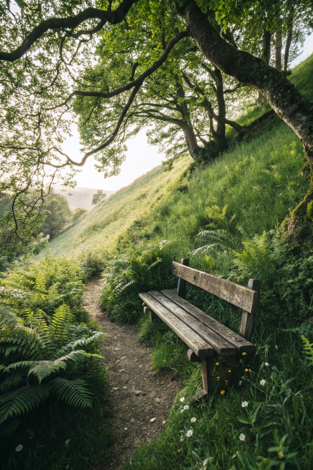 Transform a hillside corner into your own secret garden with a simple, charming bench.