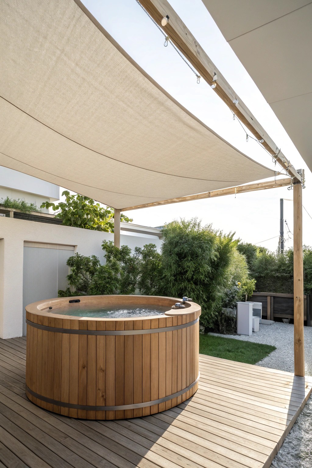 Effortless privacy and style: Retractable shade sail elevates your hot tub retreat.