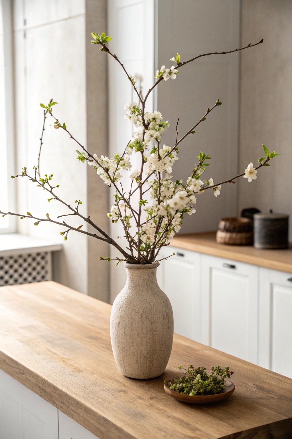 Welcome spring with a simple, hand-thrown vase of fresh blooming branches on your kitchen counter.