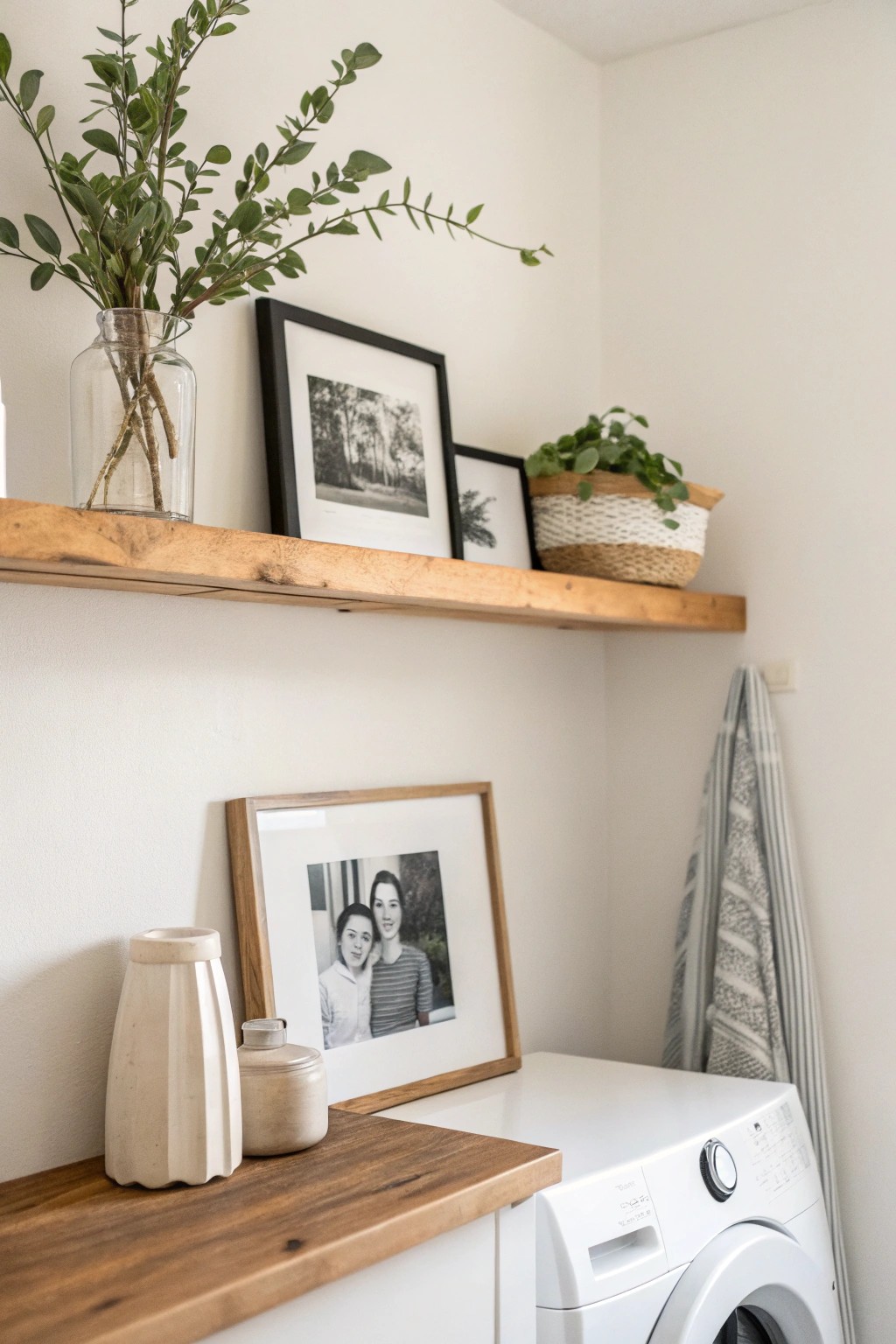 Bring warmth to your laundry space with a beautifully styled eye-level display shelf.