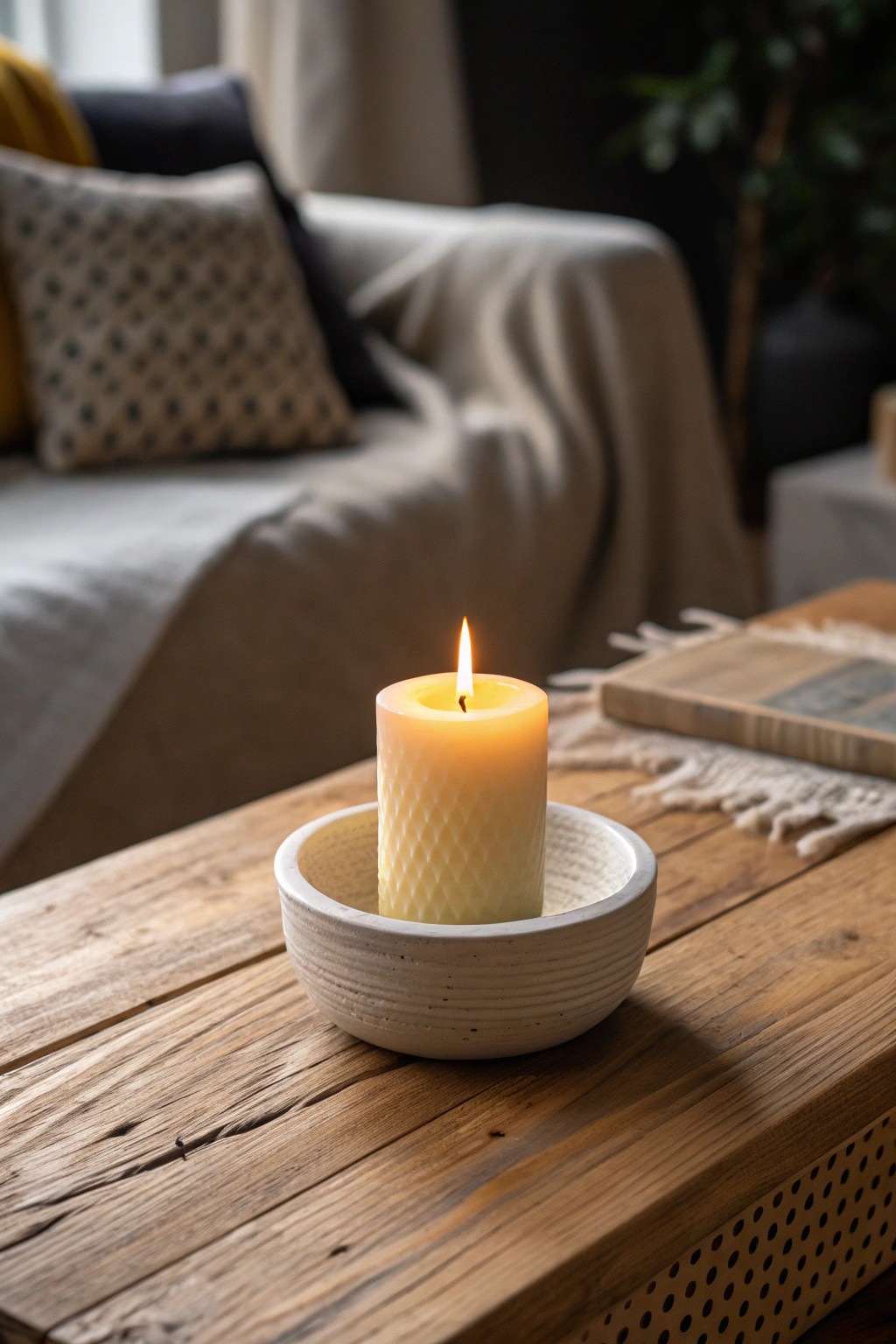 A single candle brings warmth and handcrafted charm to cozy evenings.