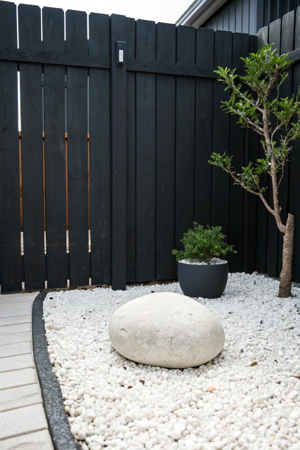 Chic contrast: a black fence, white gravel, and pale paver bring modern minimalism to your side yard.