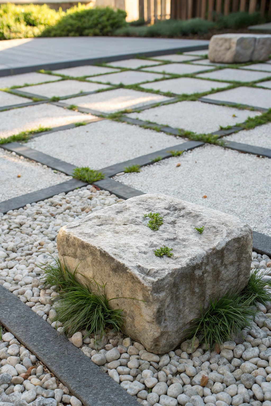 Chic simplicity: a modern stone grid for effortless beauty in small gardens.