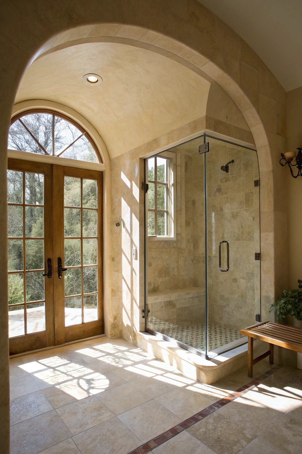 A graceful arched shower doorway brings soft, architectural beauty to your master bath sanctuary.