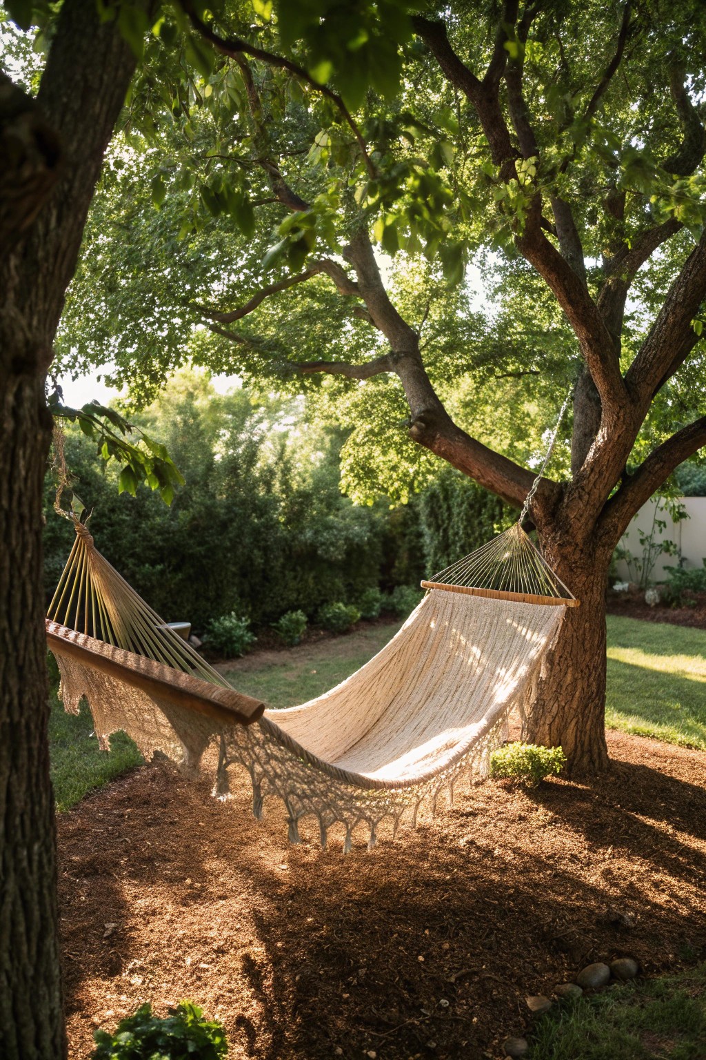 Escape to a serene hammock nook under the trees—your modern backyard retreat, no grass needed.