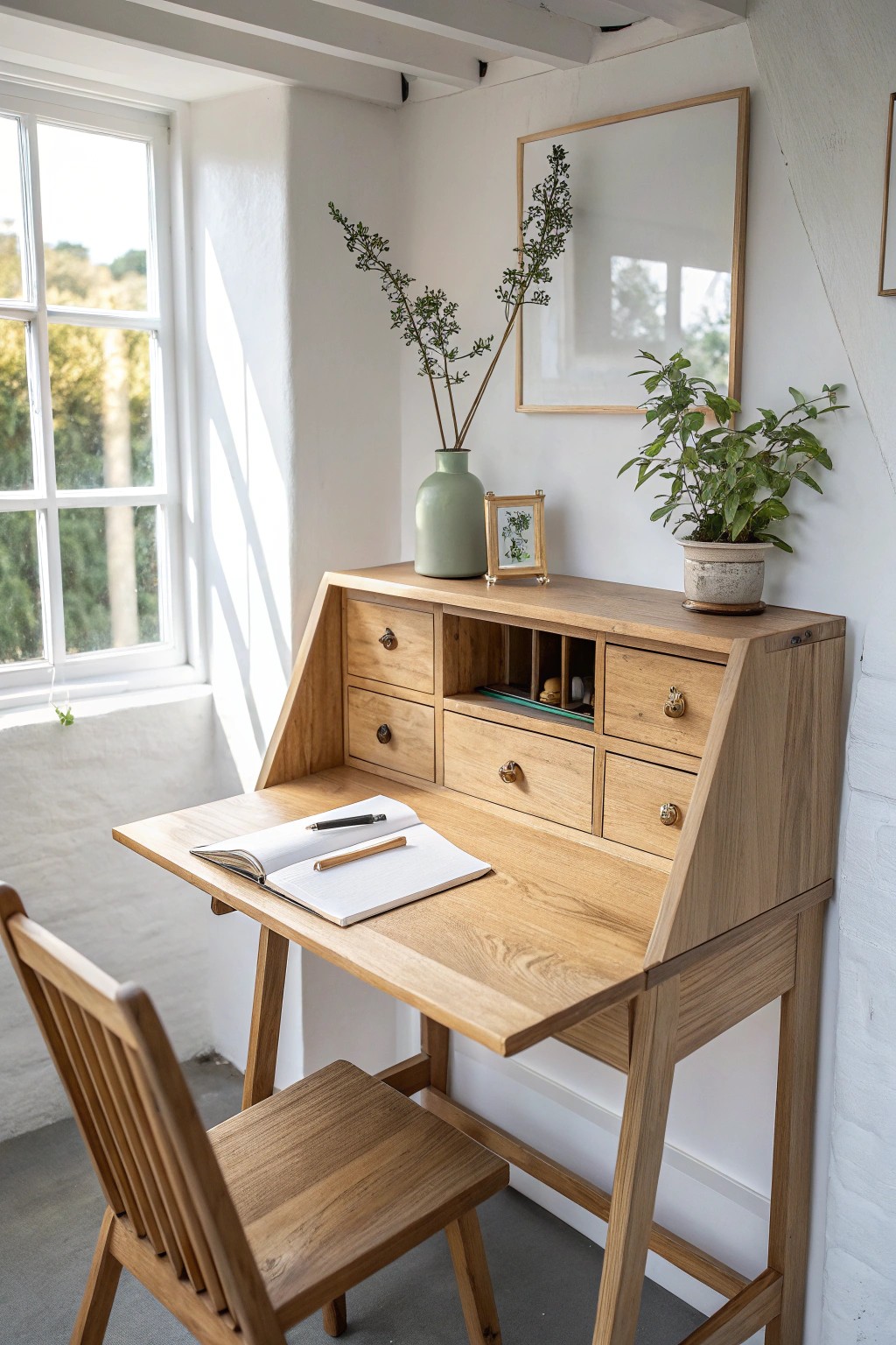 A seamless fold-down desk transforms a cozy nook into a stunning multi-functional workspace.