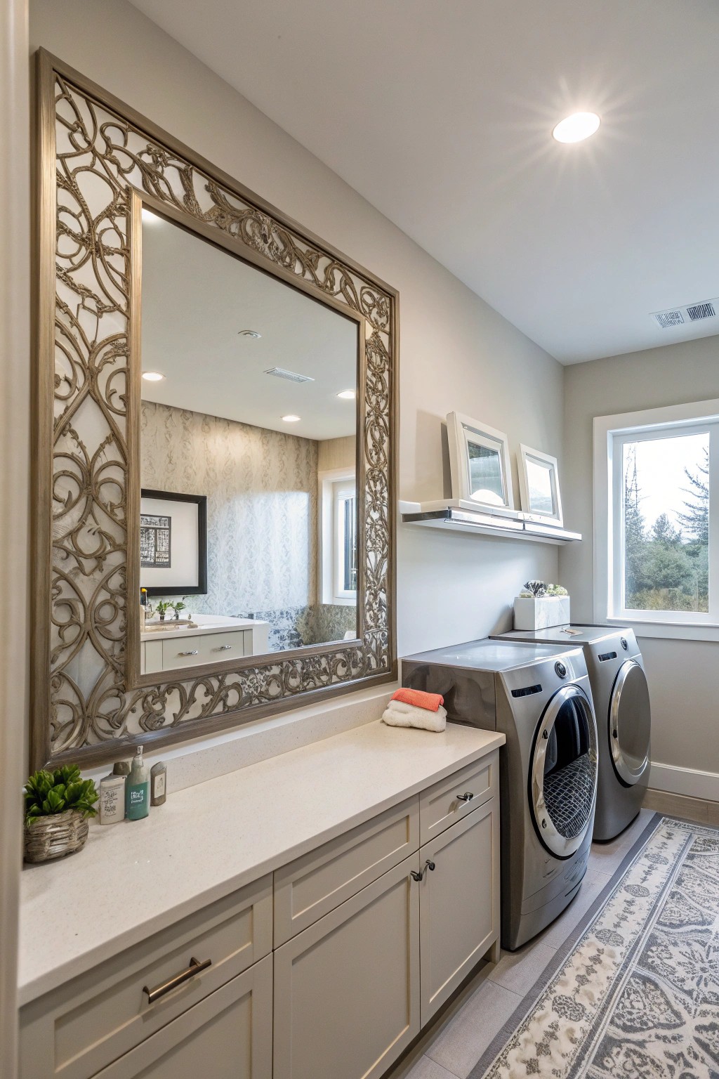 A mirror opens up the room, making it feel airy and inviting.