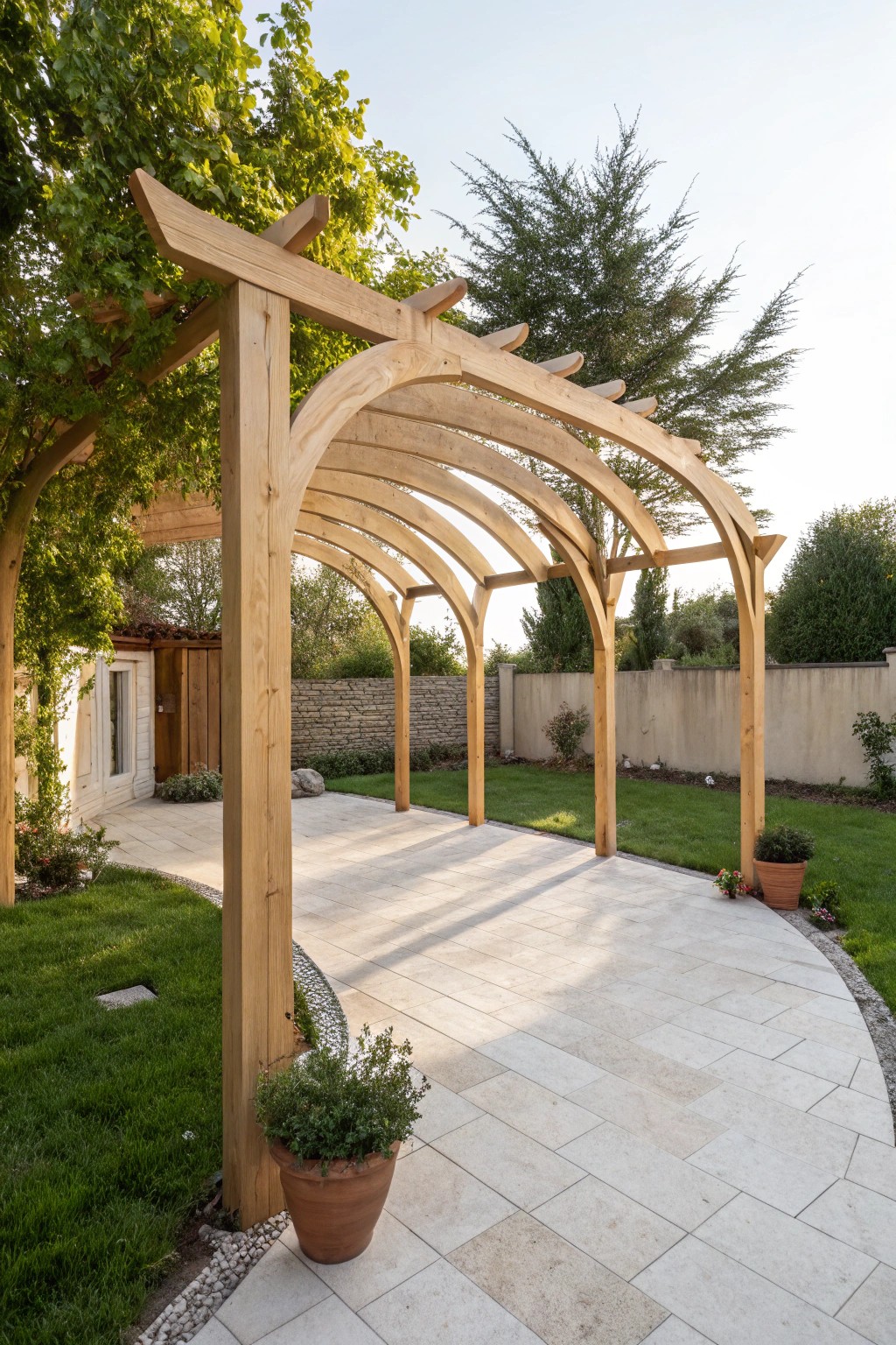 Elevate your outdoor space with the subtle drama of a curved pergola.