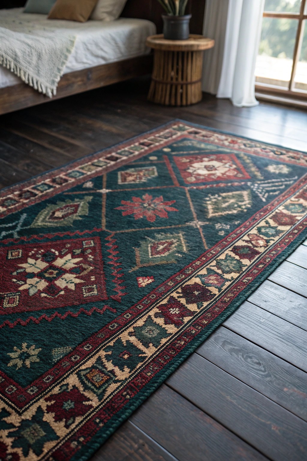 Anchor your bedroom with a moody, artisan-crafted rug—where pattern meets natural beauty.