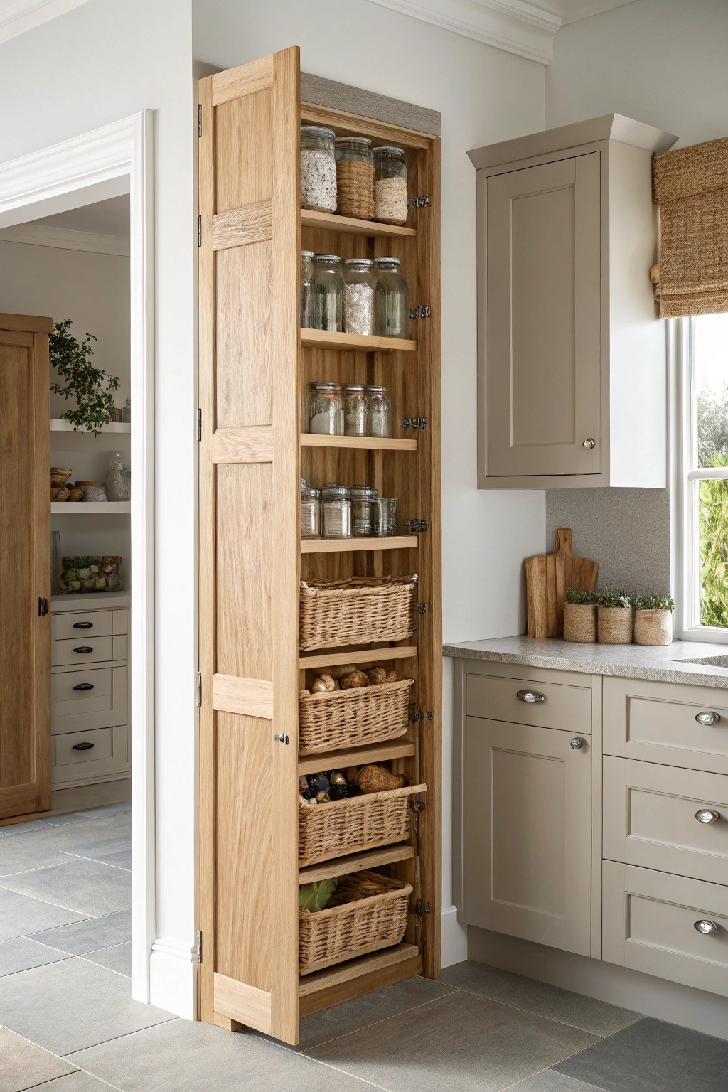 Effortless organization: a beautifully crafted pull-out pantry door for streamlined kitchens.