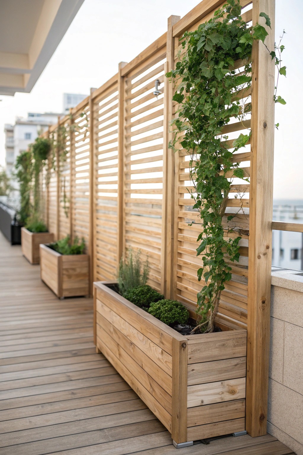 Simple elegance: a handcrafted privacy screen with planters brings natural beauty and seclusion to your deck.
