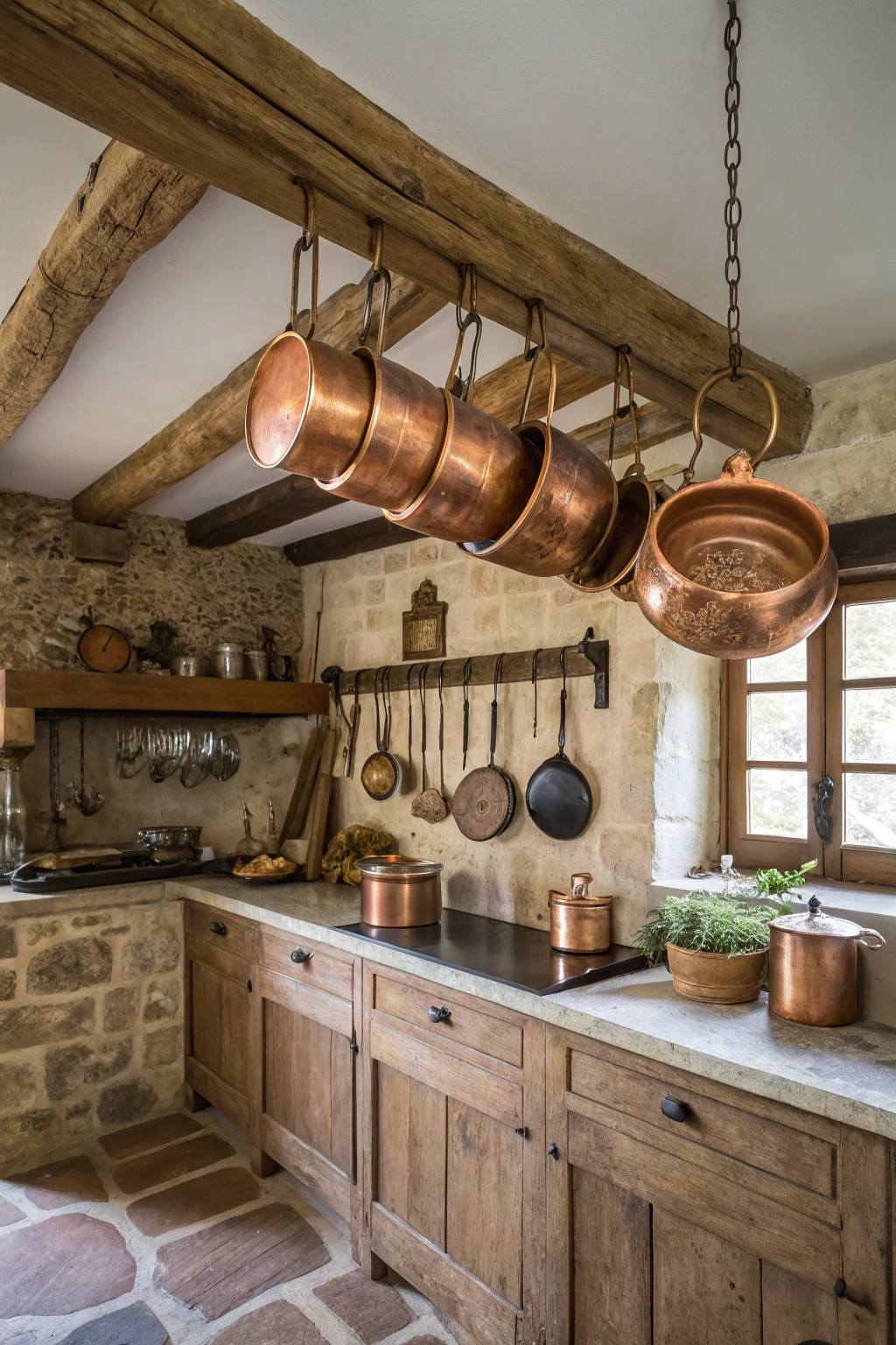 Hanging cookware adds both utility and a lived-in rustic vibe.