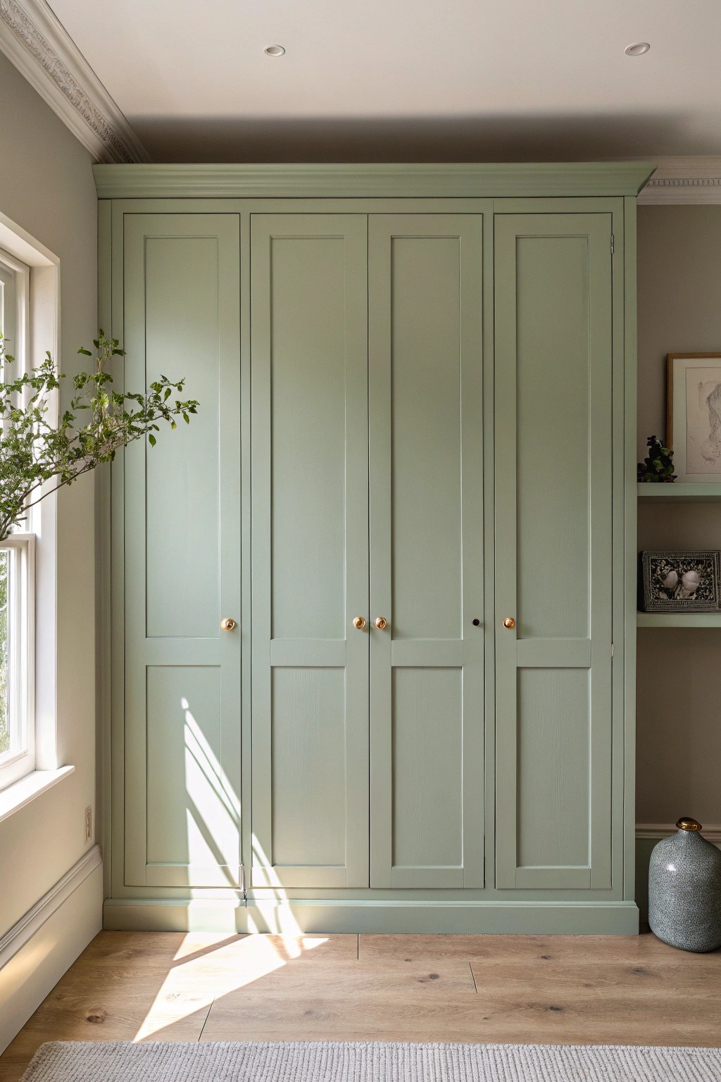 Serene sage green built-ins: effortless storage with timeless style.