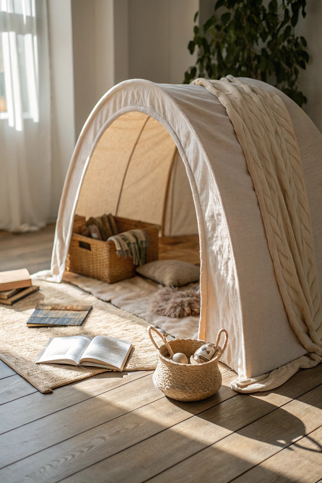 Natural linen tunnel—your cozy retreat for quiet moments.