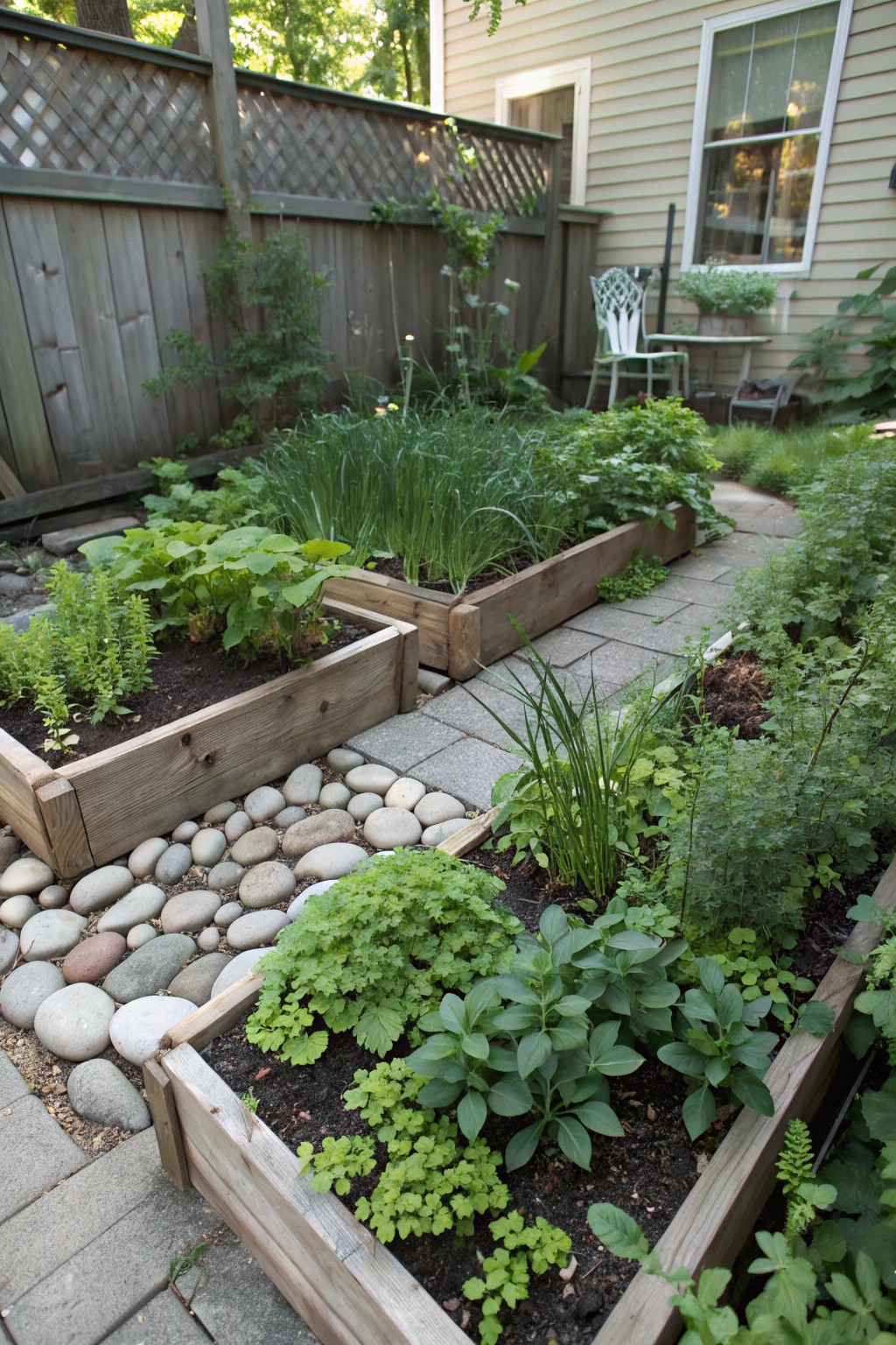 Edible herbs like mint and chives thrive in the cool shade.