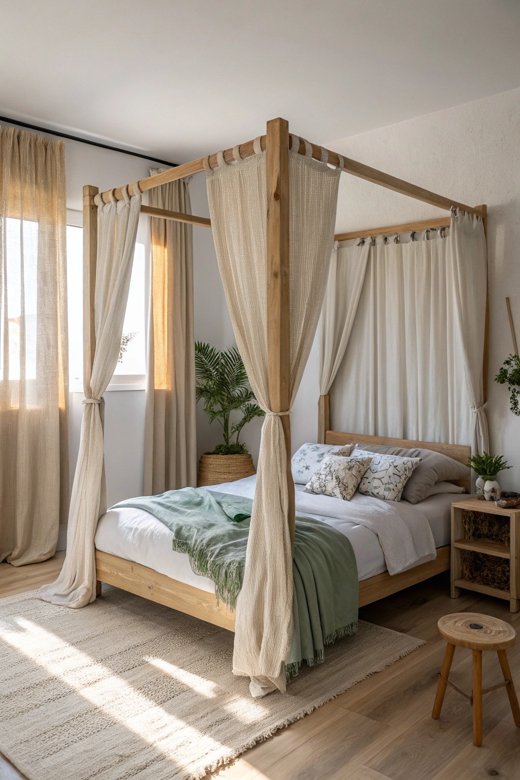 Create a dreamy private retreat in small shared bedrooms with airy linen bed curtains.