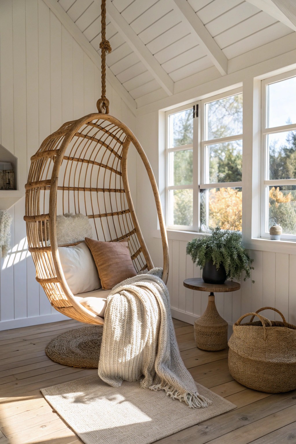 Bring playful elegance to your she shed with a handcrafted rattan hanging chair.