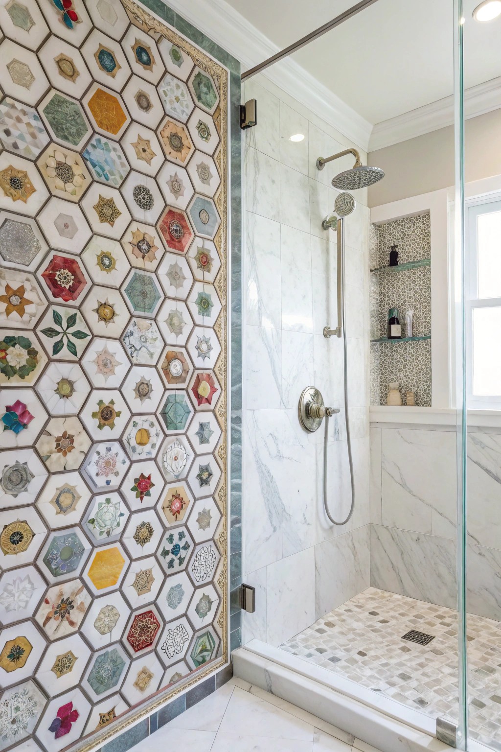 Mixed-shape mosaics make your shower wall endlessly interesting and unique.