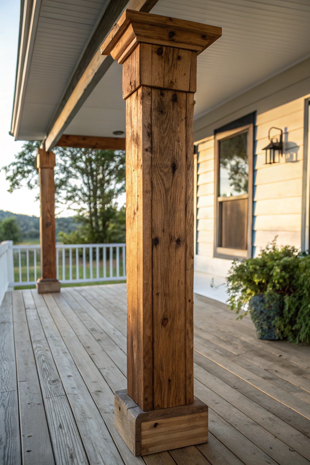 Make a statement—reclaimed timber columns bring rustic charm to your mobile home porch.