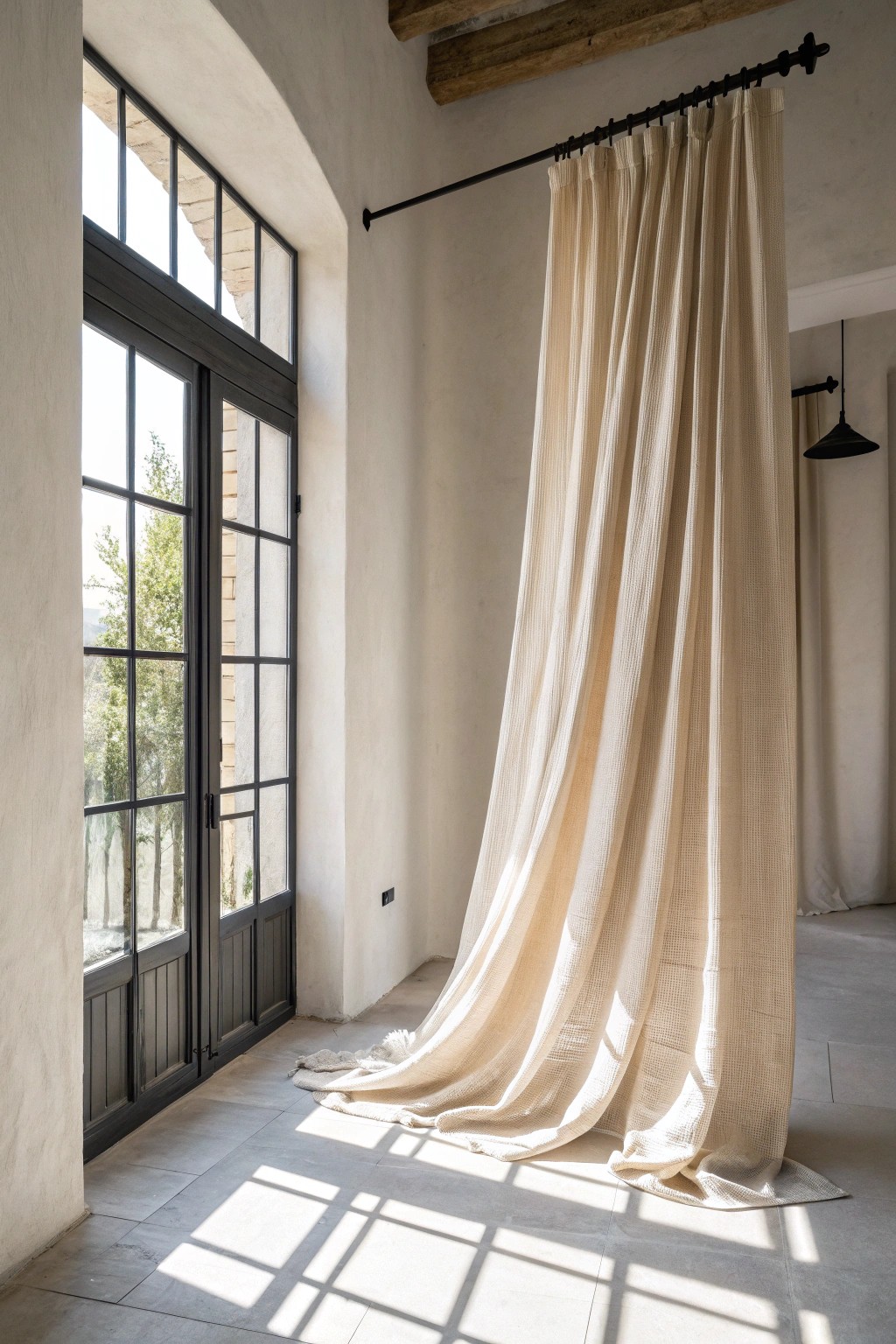 Elevate your small living room—hang curtains high and wide for instant elegance.