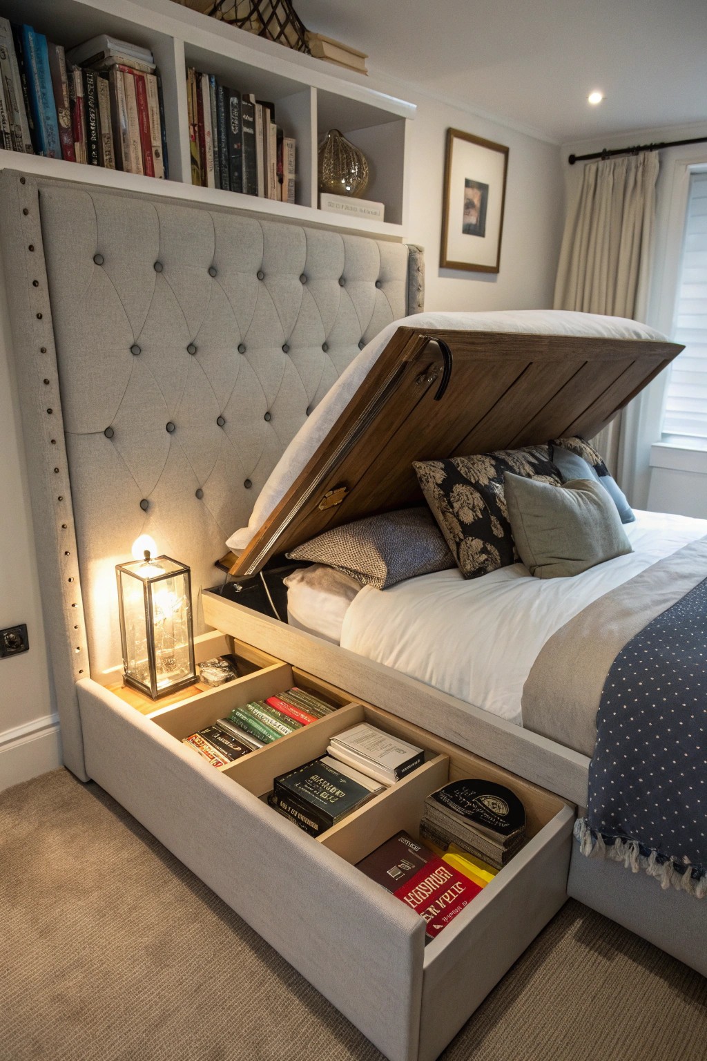 Hidden headboard storage adds a wow factor and keeps clutter at bay.