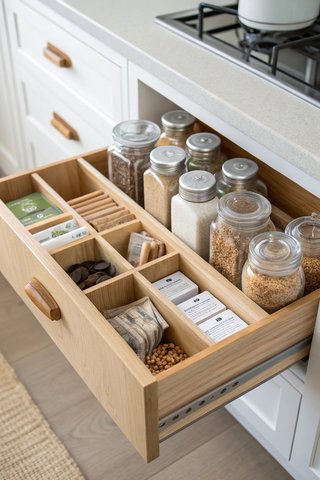 A thoughtfully arranged snack and coffee drawer brings calm and beauty to your morning routine.