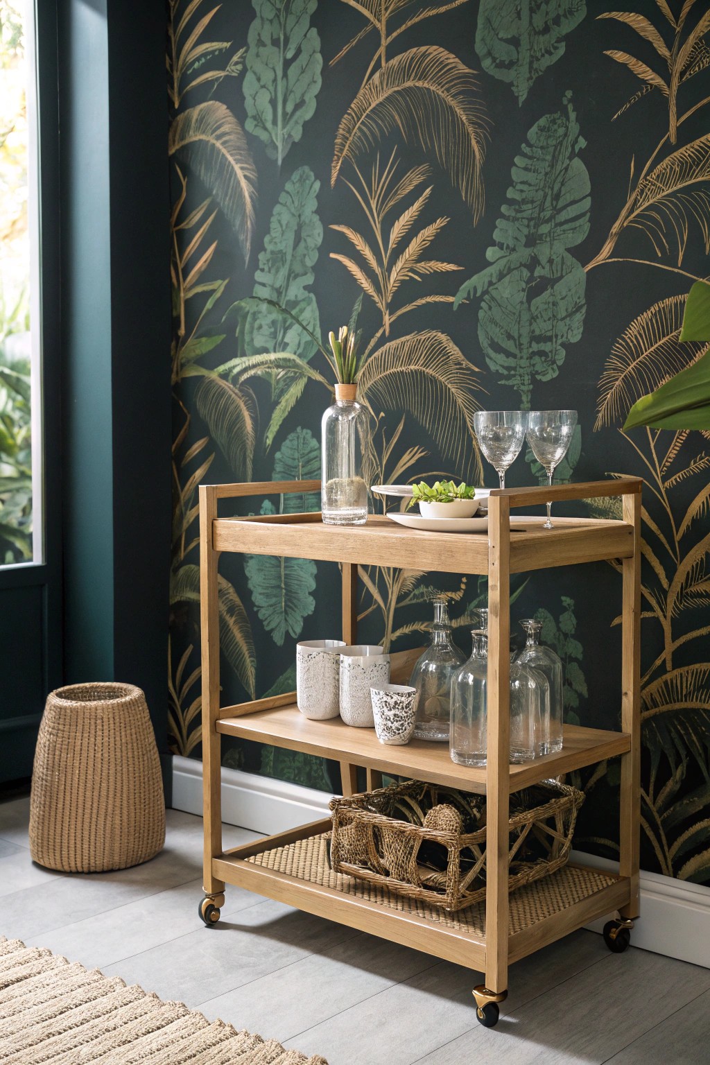 Elevate your small home bar with bold botanical wallpaper and natural wood craftsmanship.