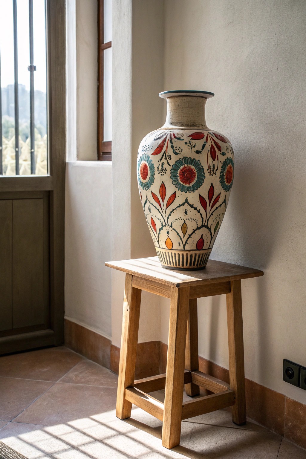 A bold patterned vase brings vibrant personality to a serene small space.
