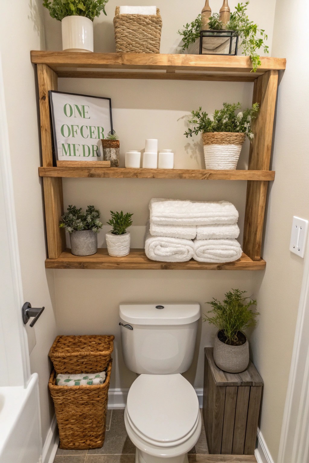 Open shelving blends storage with decorative flair.