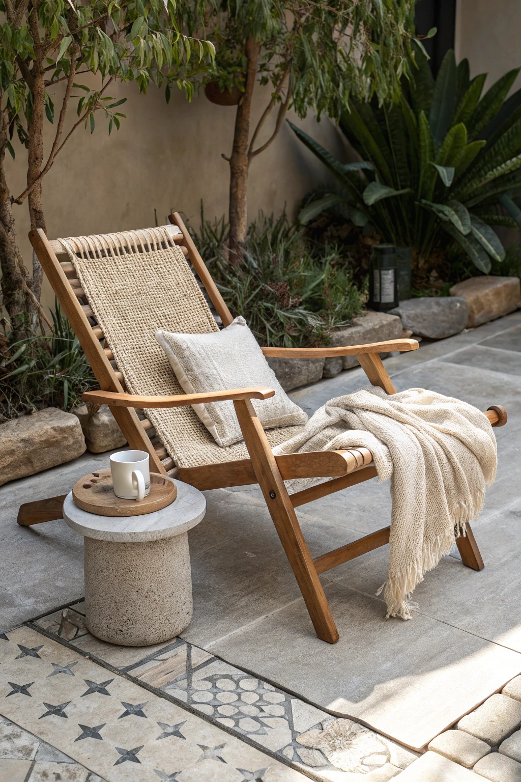 Layer natural textures: wood, stone, and woven accents for a cozy, collected patio look.