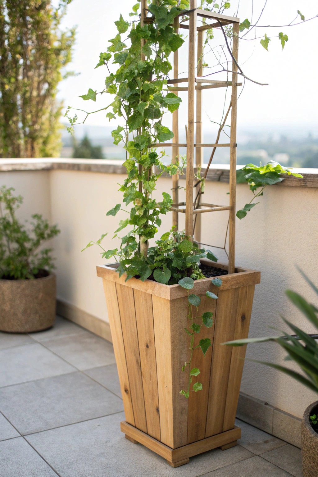 Instant privacy: a tall planter with climbing vines transforms any patio on a budget.