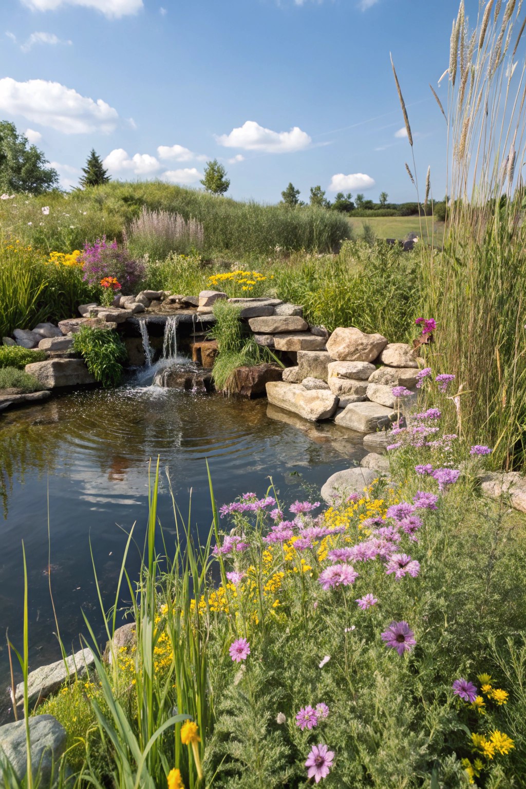 A pond waterfall blends into a vibrant wildflower meadow for a natural look.