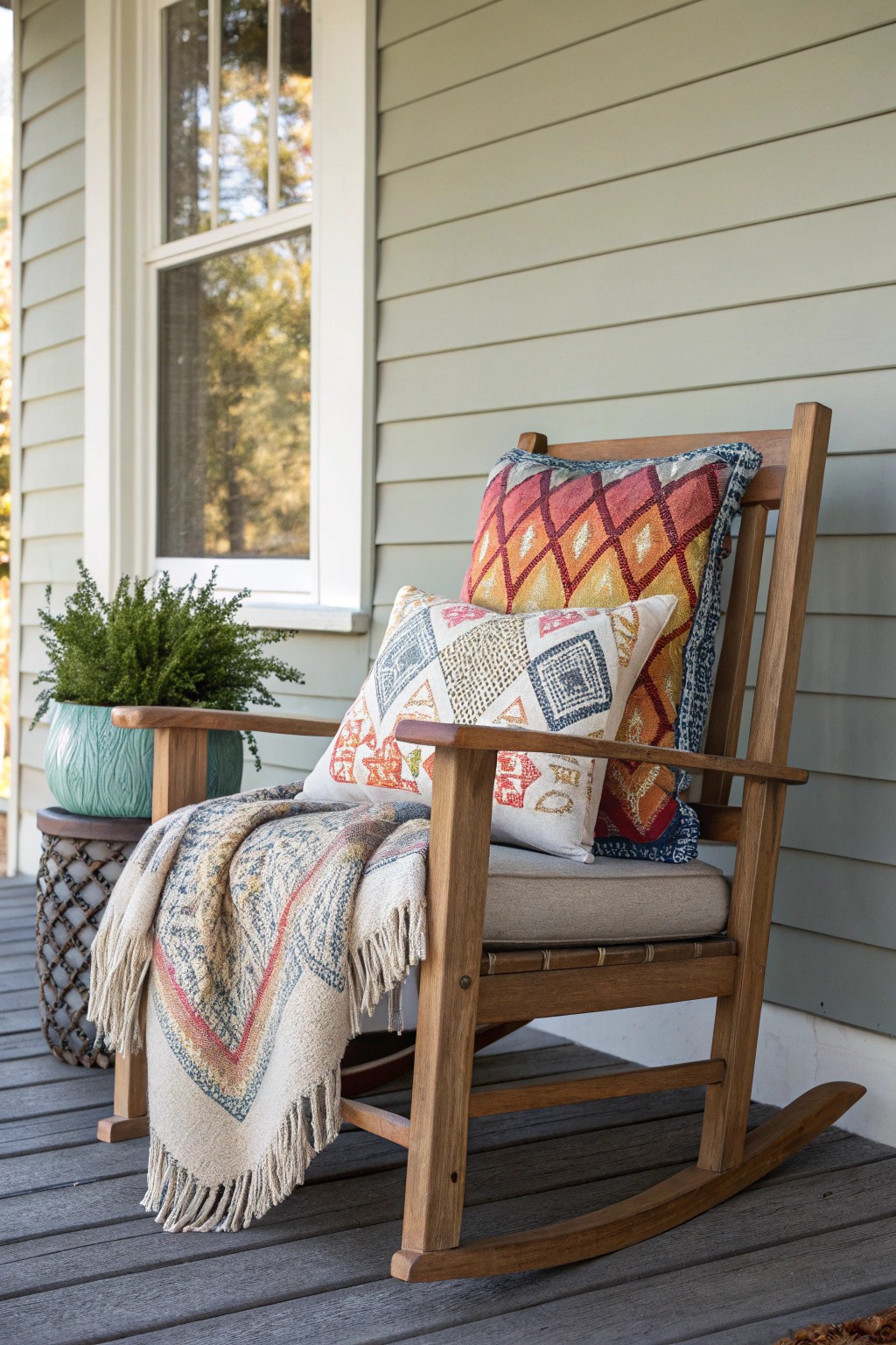 Cozy up your small porch with a mix of colorful, handcrafted textiles.