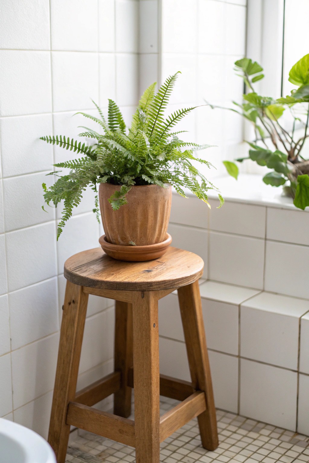 Simple greenery and wood: a fresh touch for small bathrooms