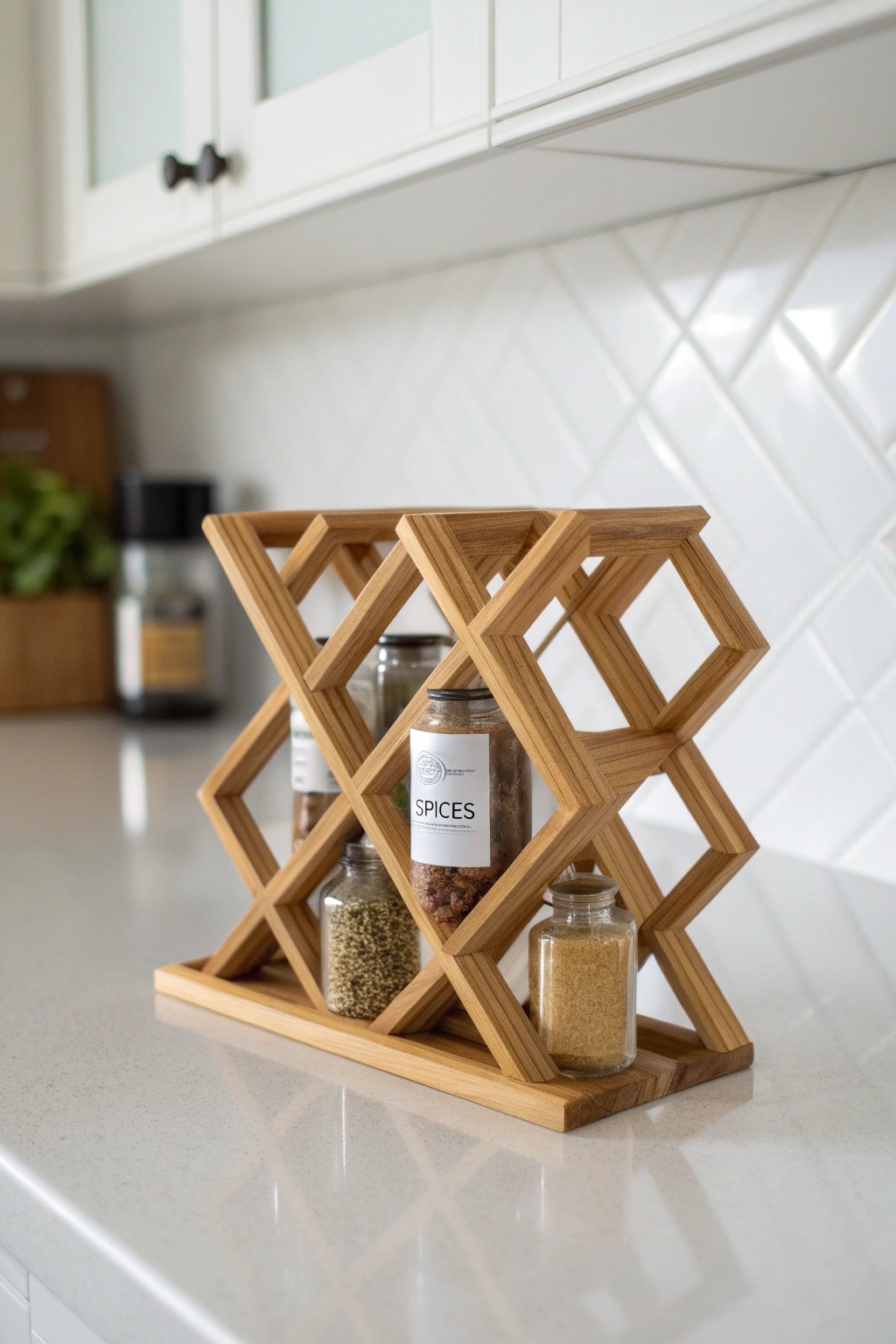 Elevate your kitchen with a beautifully simple criss-cross bamboo spice rack.