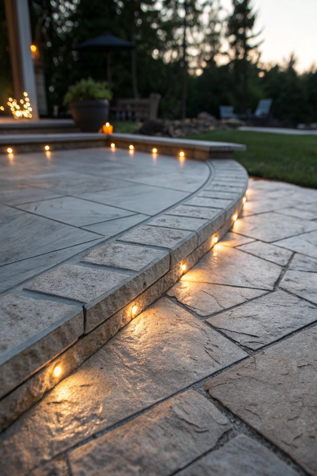 Softly glowing embedded lights elevate stamped concrete with nighttime elegance.
