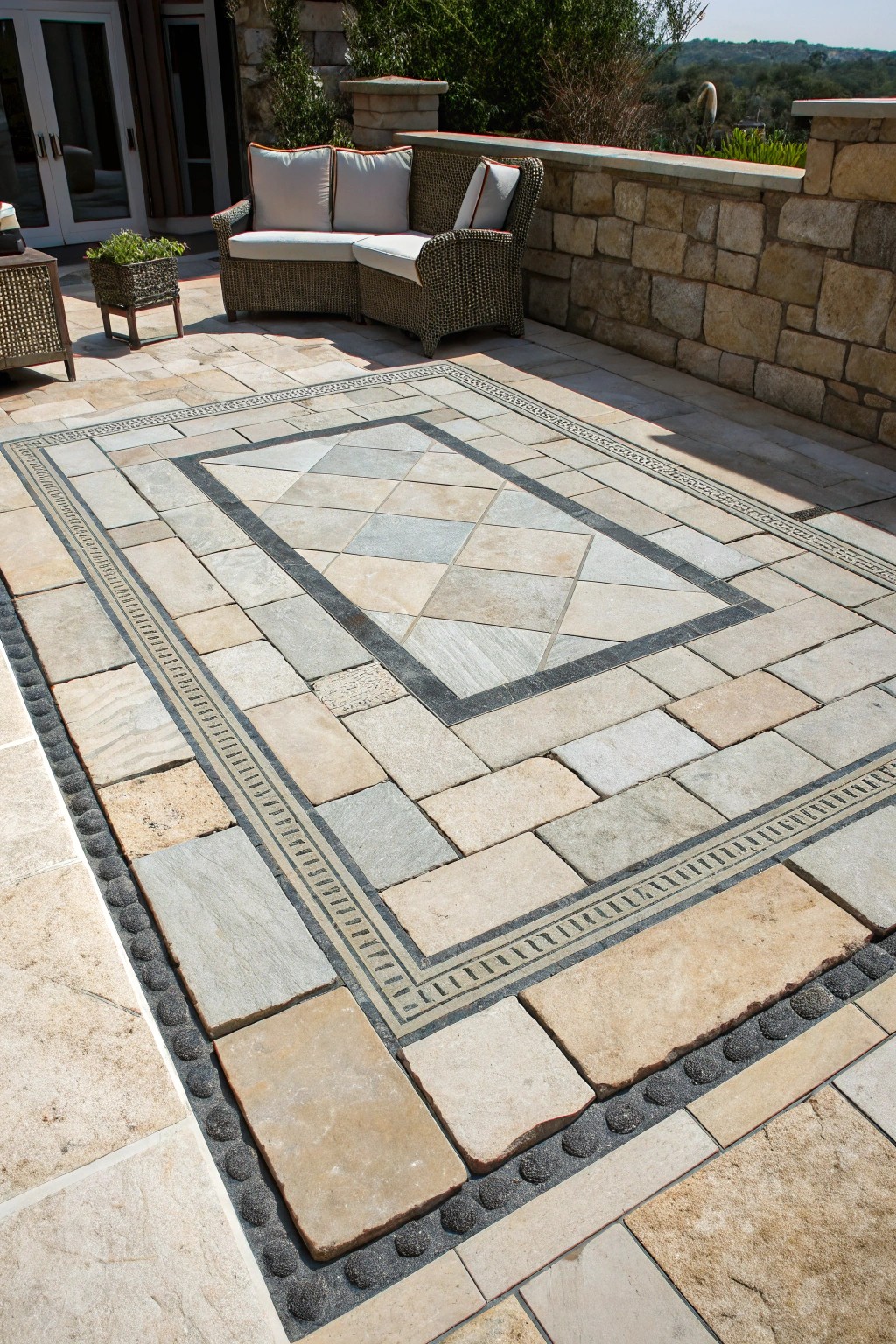 Elevate your patio with a stunning stone 'rug' centerpiece—simple, natural, unforgettable.